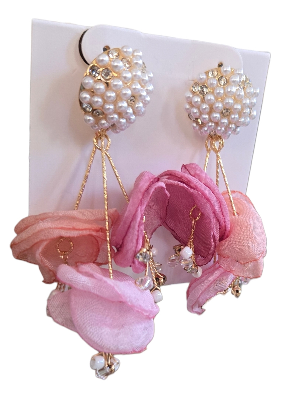 NEW! Pearl Cluster Drop Earrings with Pink Fabric Flowers